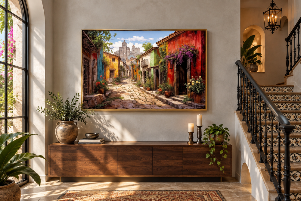 Mexican Old Town Street framed canvas wall art above a wooden sideboard in a sunlit room.