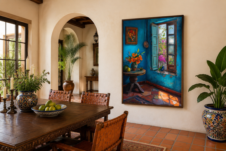 Traditional Mexico room wall art featuring a vibrant blue interior with a window and floral accents.