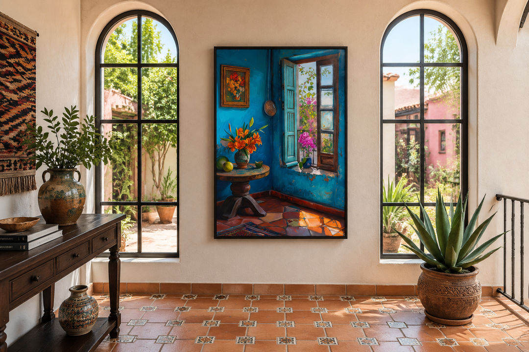 Framed canvas art of a vibrant blue Mexican room with an arched window and floral still life.