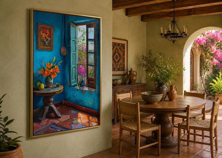 Traditional Mexico room wall art featuring a vibrant blue interior and rustic dining area.