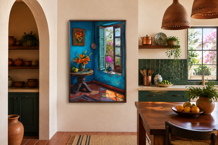 Traditional Mexico room wall art featuring a blue interior with a window and vibrant orange flowers.