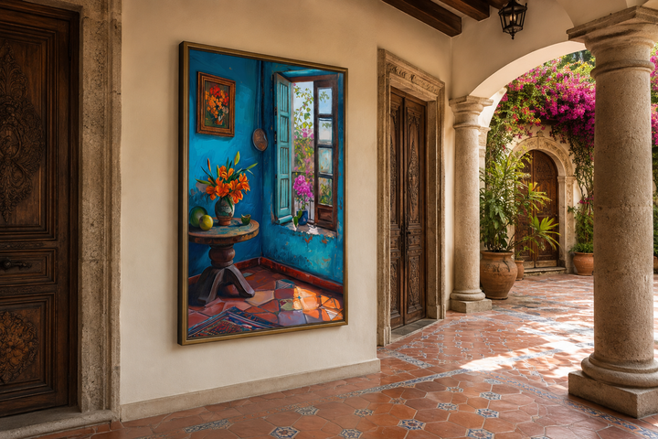 Framed canvas art of a vibrant blue Mexican room hanging in a traditional arched courtyard.