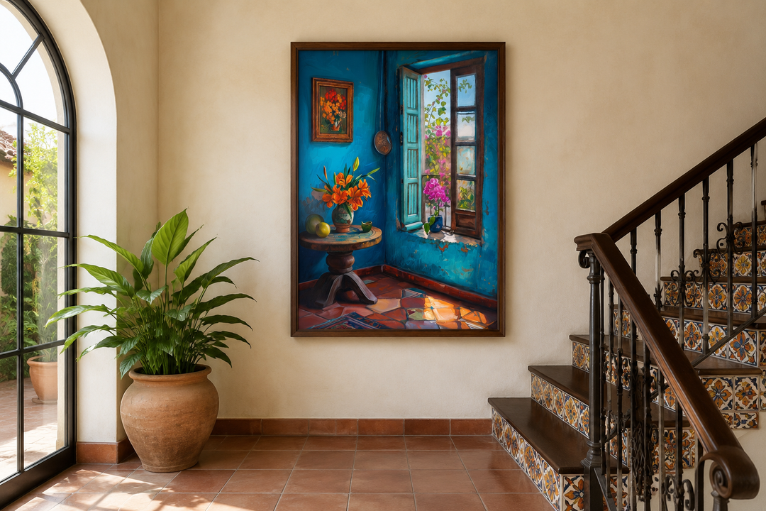 Traditional Mexican interior painting on a wall next to a staircase and a large potted plant.