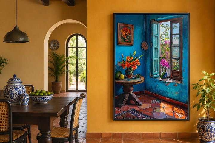 Framed canvas painting of a blue Mexican room with a window, hung on a yellow interior wall.