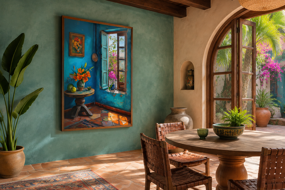 Traditional Mexico room wall art featuring a vibrant blue interior painting on a green textured wall