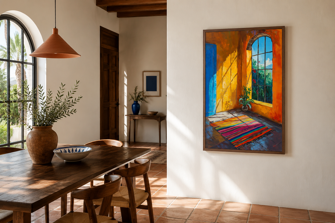 Vibrant painting of a sunlit Mexican room with a colorful rug, hanging in a rustic dining area.