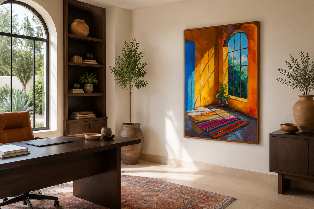 Colorful painting of a sunlit Mexican window scene hanging in a modern office with wooden furniture.