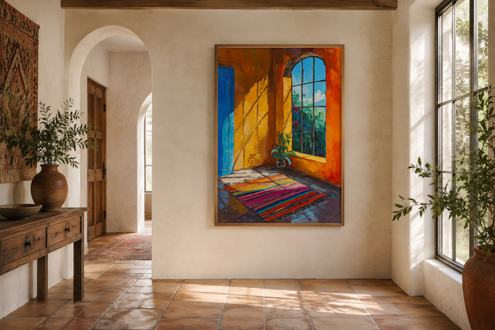 Vibrant painting of a sunlit Mexican room with a colorful rug, blue door, and arched window.