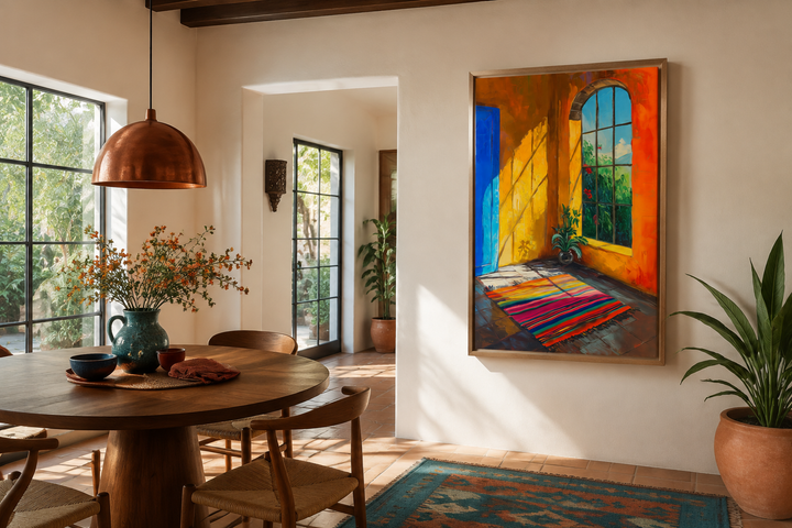 Vibrant Mexican house window painting in a warm dining room with rustic wood furniture.