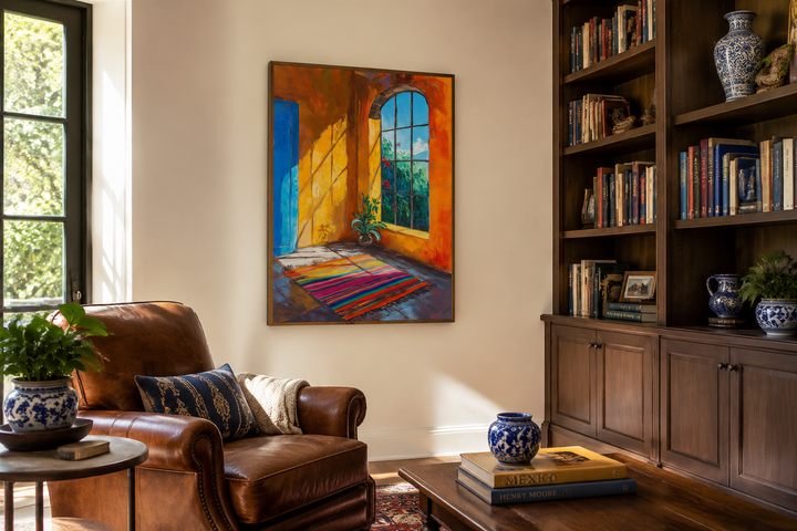 Vibrant painting of a sunlit Mexican interior with a blue door and arched window on a beige wall.