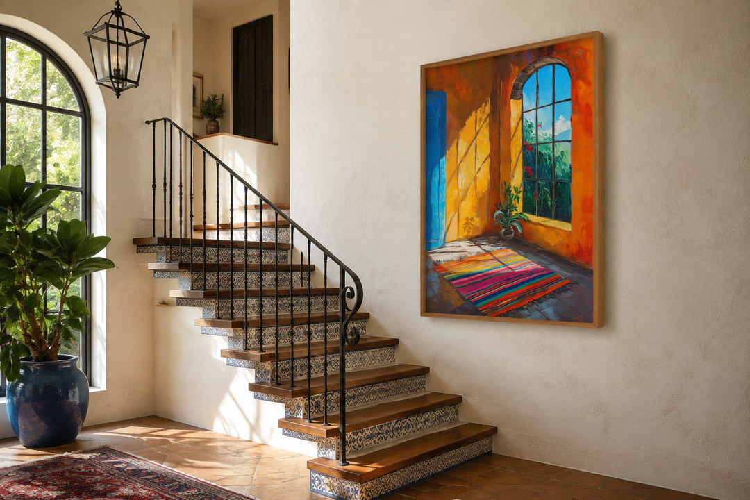 Colorful painting of a sunlit Mexican window scene hanging on a wall next to a tiled staircase.