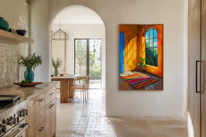 Colorful painting of a sunlit Mexican room with a vibrant rug and window in a modern home setting.