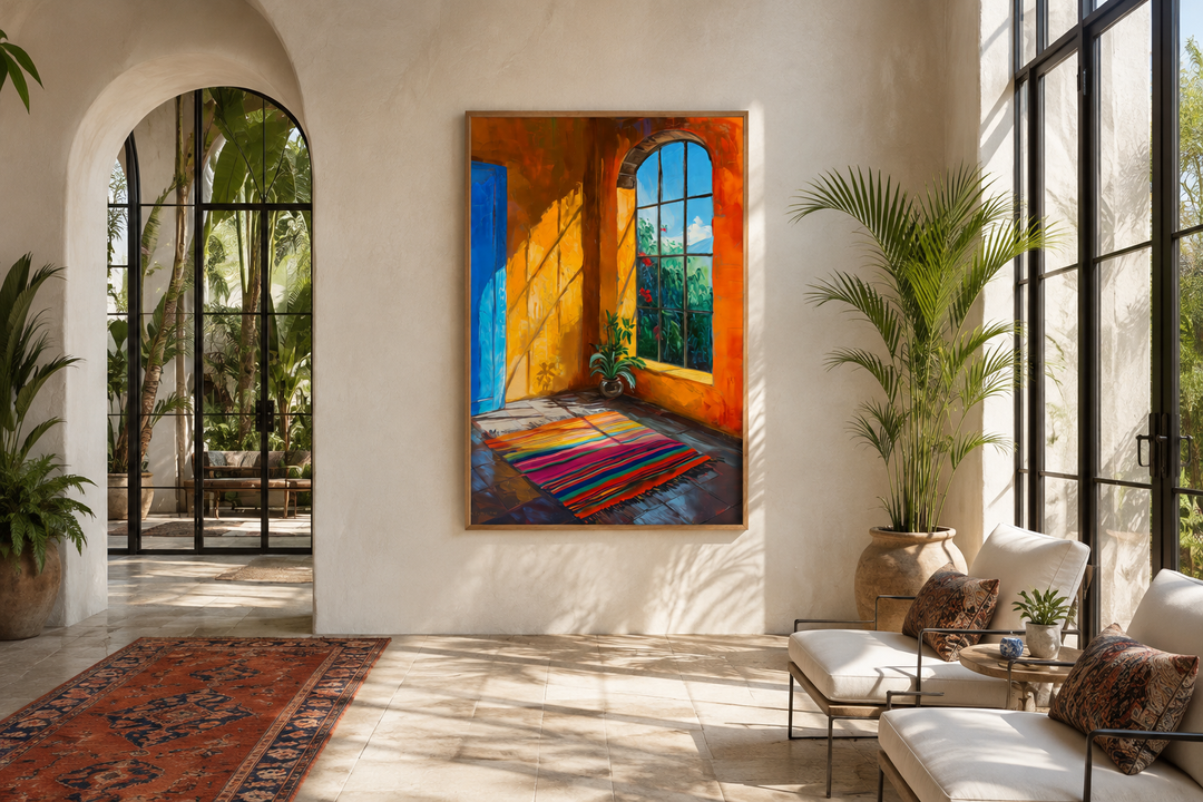 Colorful painting of a sunlit Mexican room with a blue door and vibrant rug on a white wall.