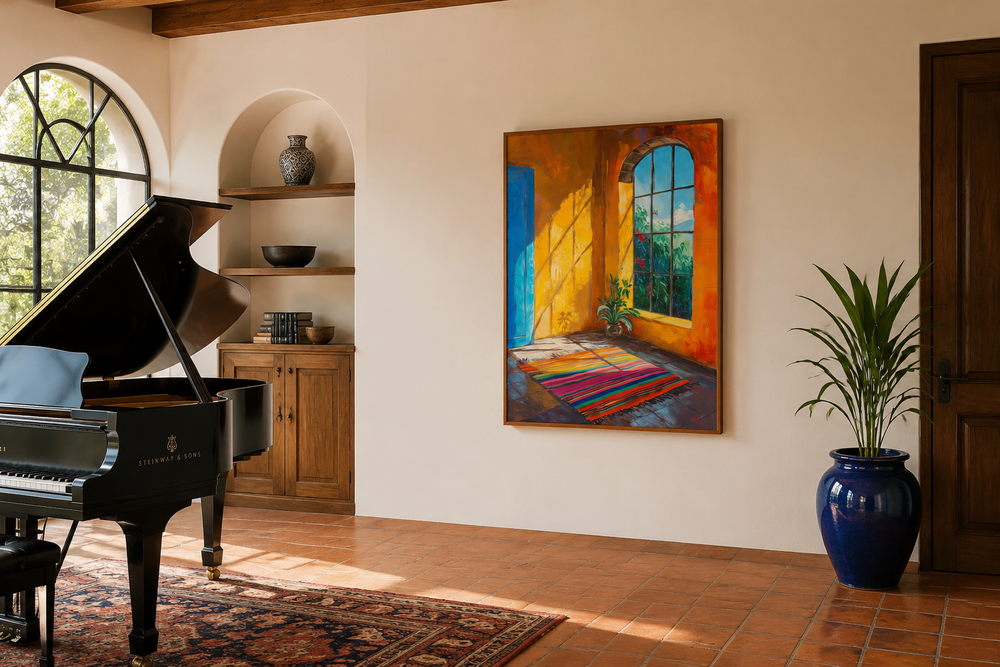 Colorful painting of a sunlit Mexican window scene hanging in a room with a piano and terracotta.