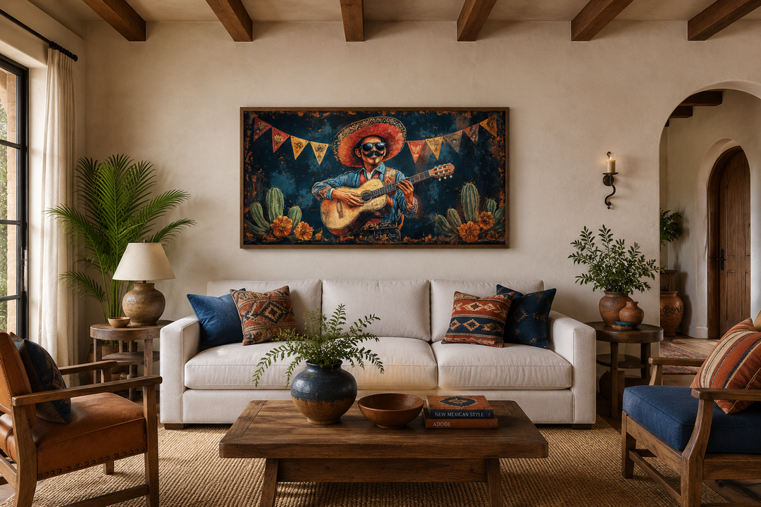 Mariachi musician in desert framed canvas wall art hanging above a white sofa in a rustic room.