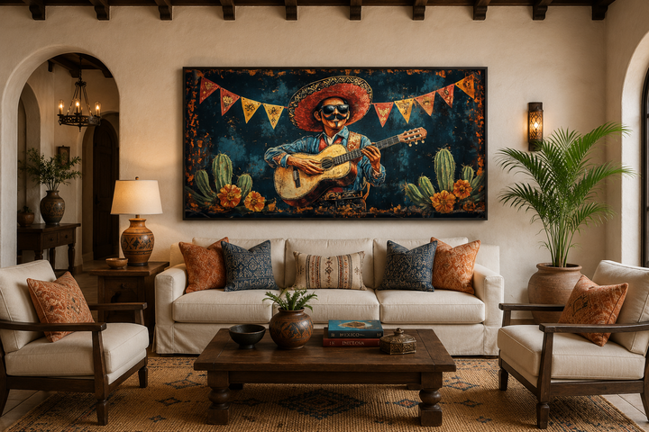 Mariachi musician with guitar and sombrero on a framed canvas above a sofa in a rustic living room.
