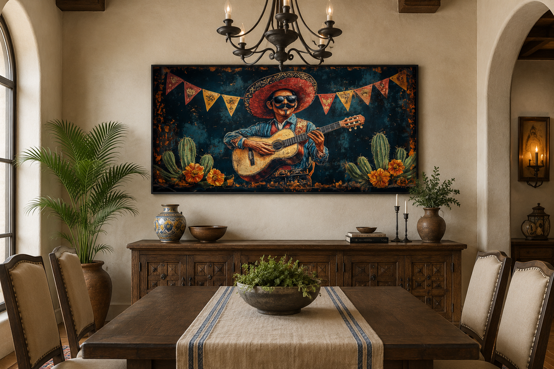 Framed canvas wall art of a mariachi musician with a guitar and sombrero in a desert landscape.