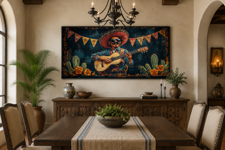 Framed canvas wall art of a mariachi musician with a guitar and sombrero in a desert landscape.
