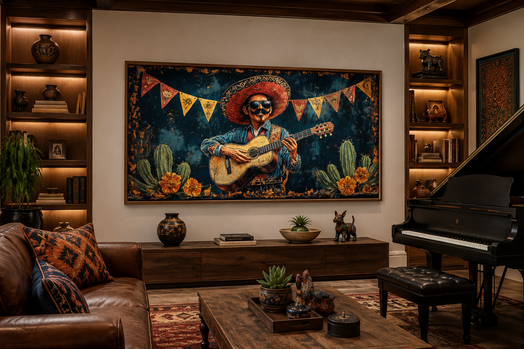 Framed canvas wall art of a mariachi musician with a guitar and sombrero in a desert landscape.