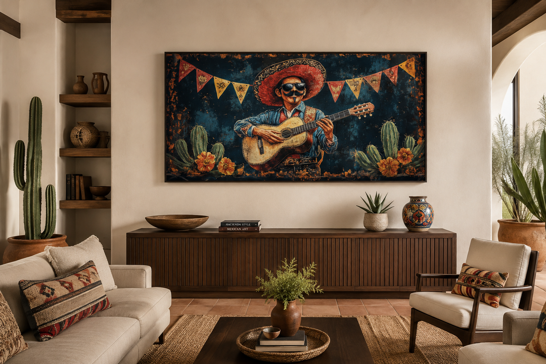Mariachi musician in desert framed canvas wall art above a wooden console in a rustic living room.
