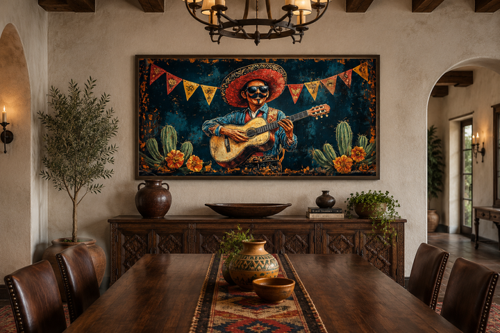 Framed canvas wall art of a mariachi musician with a guitar and cacti in a rustic dining room.