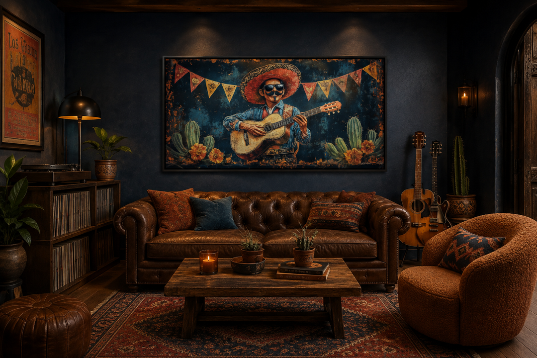 Framed canvas wall art of a mariachi musician with a guitar and cactus in a dark living room.