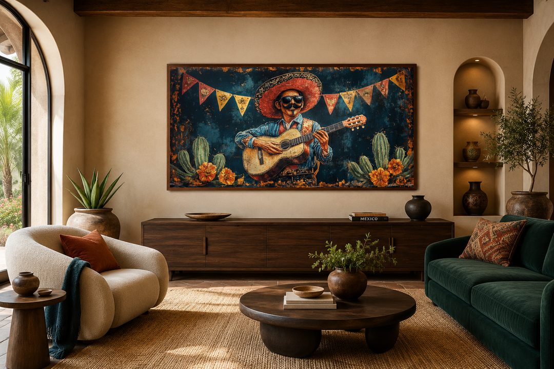 Mariachi musician with guitar and sombrero on a framed canvas in a rustic living room.