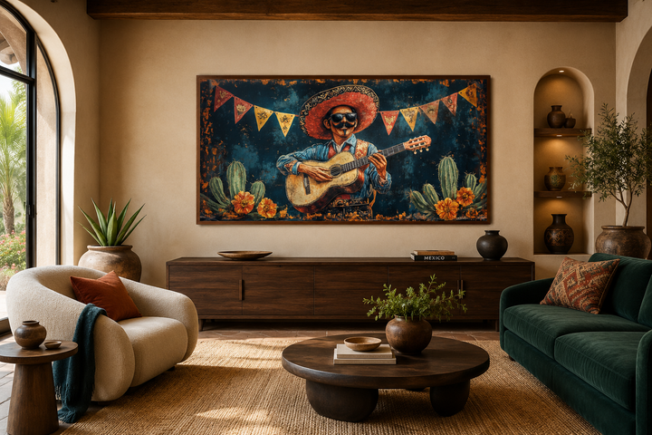 Mariachi musician with guitar and sombrero on a framed canvas in a rustic living room.