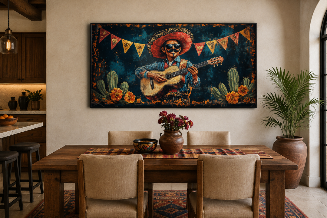 Mariachi musician in desert framed canvas wall art above a wooden dining table in a rustic room.