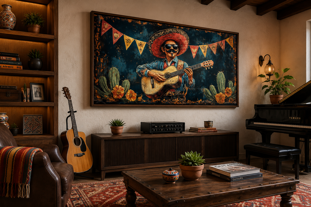Framed canvas wall art of a mariachi musician with a guitar and cactus in a desert landscape.