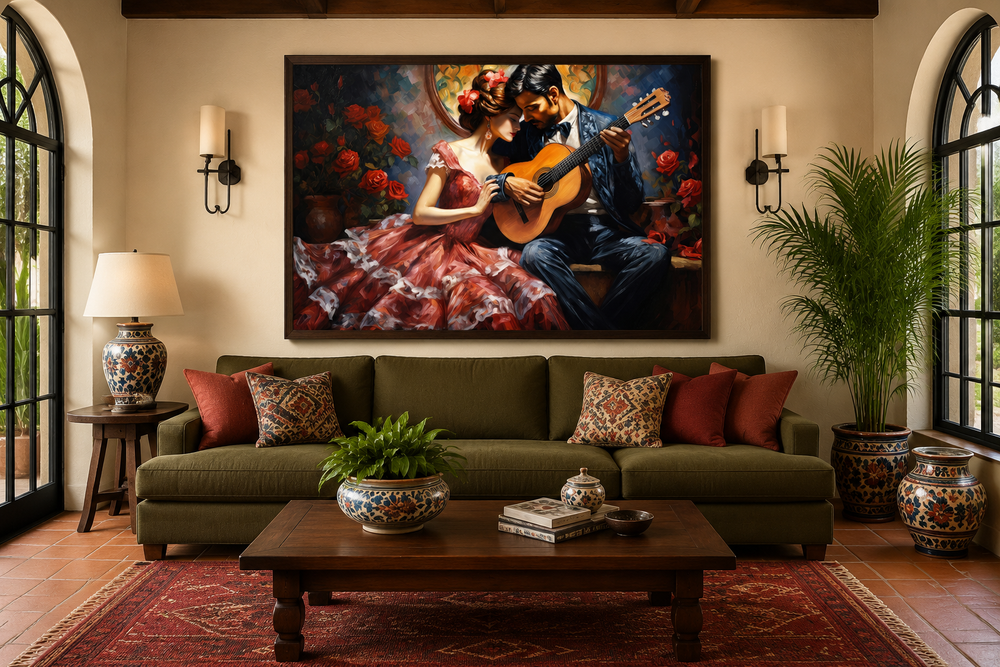 Framed canvas wall art of a romantic couple with a guitar in a traditional Mexican style.