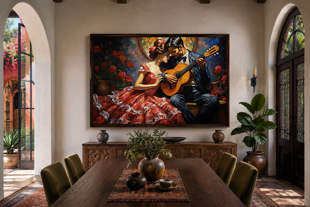 Traditional Mexican framed canvas art of a romantic couple with a guitar in a rustic dining room.