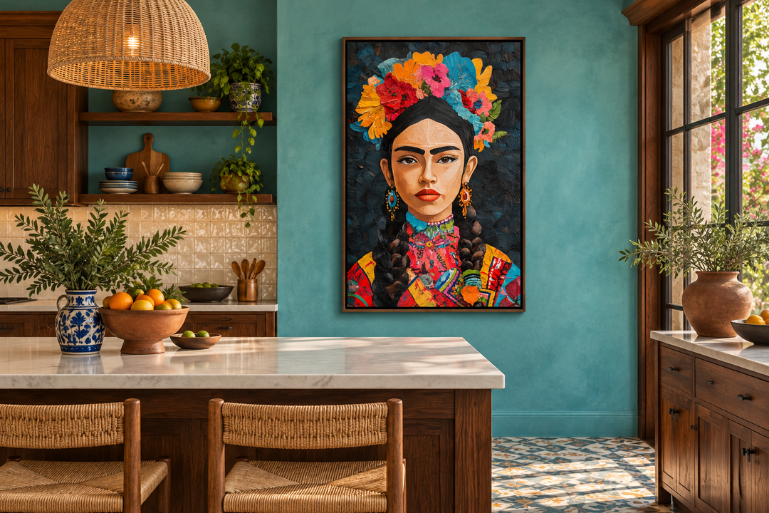 Mexican woman portrait folk style painting on canvas in a vibrant kitchen setting.