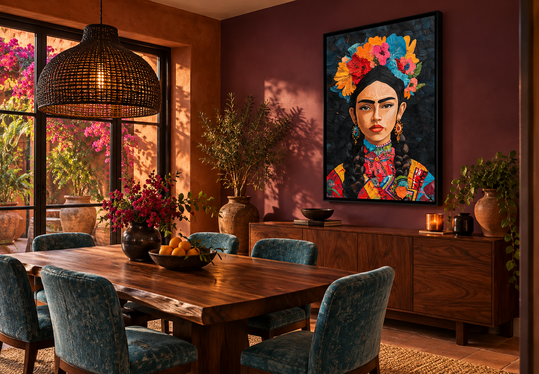 Mexican woman portrait folk style canvas wall art in a warm dining room setting.