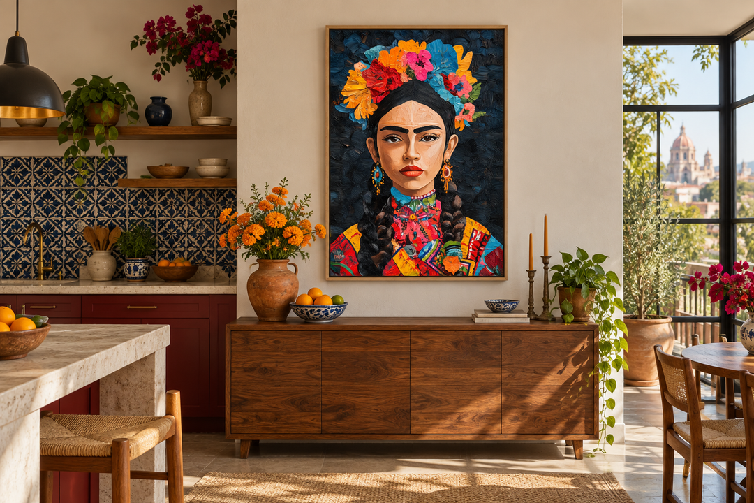 Mexican woman portrait folk style canvas wall art with vibrant floral headdress in a modern room.