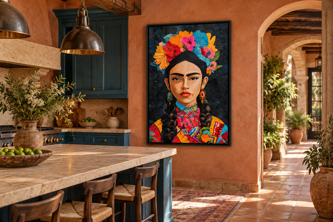 Mexican woman portrait folk style canvas wall art in a rustic kitchen with terracotta walls.