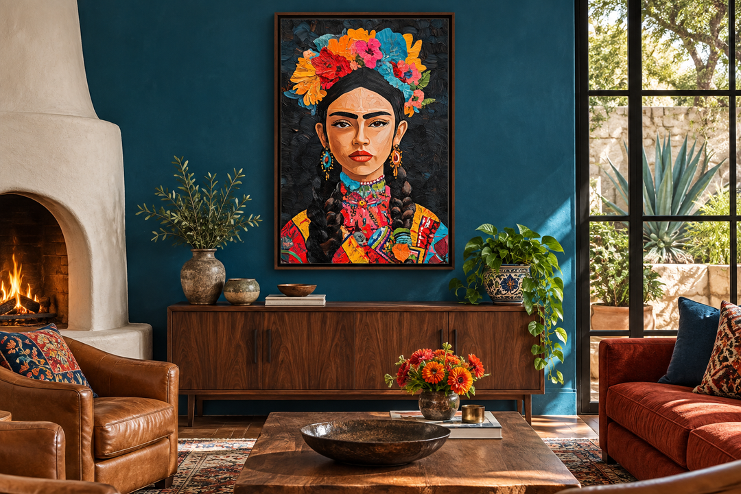 Mexican woman portrait folk style canvas painting with vibrant floral headdress on a blue wall.