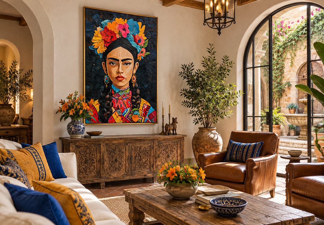 Mexican woman portrait folk style painting on canvas in a rustic living room setting.