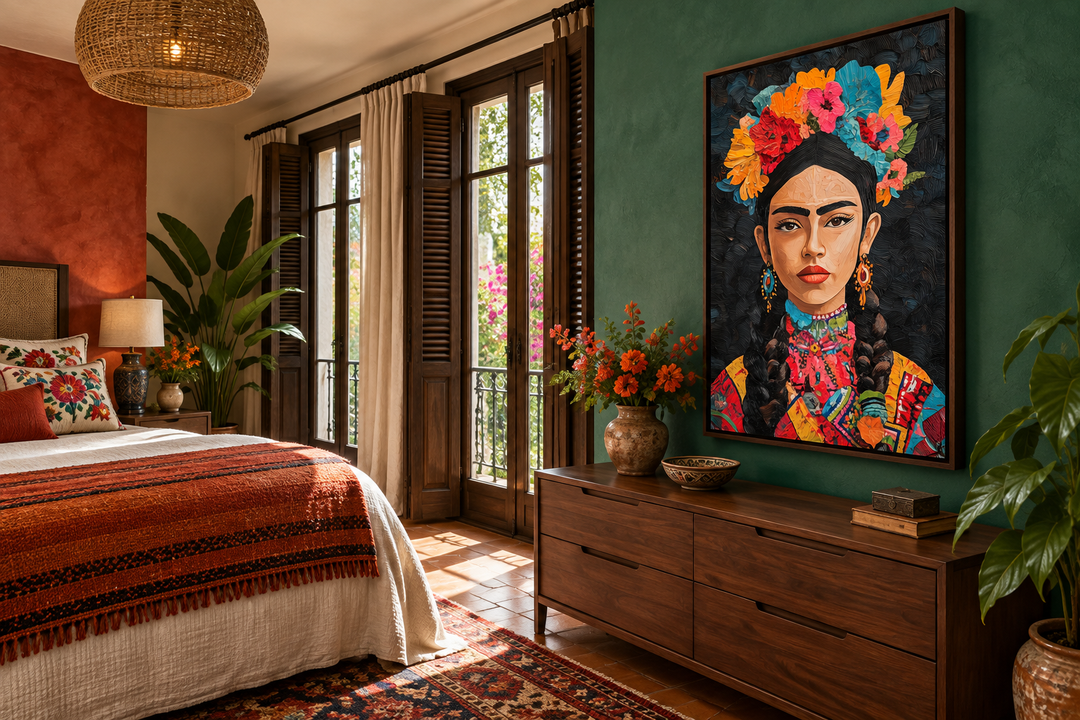 Mexican woman portrait folk style painting on canvas in a bedroom with green and red walls.