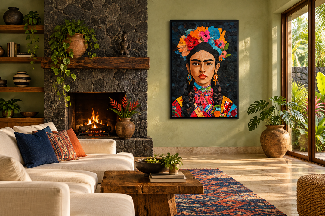 Mexican woman portrait folk style canvas wall art in a rustic living room with a stone fireplace.