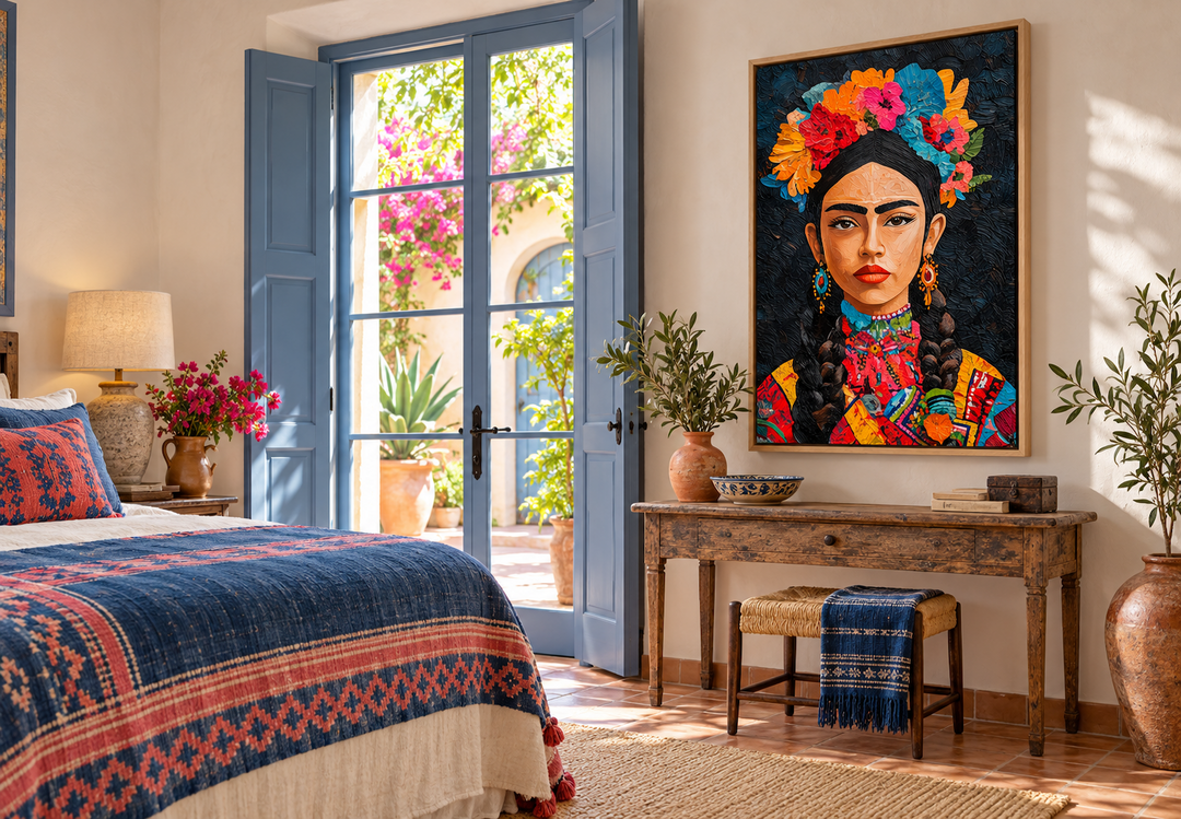 Mexican woman portrait folk style painting on canvas in a rustic bedroom setting.