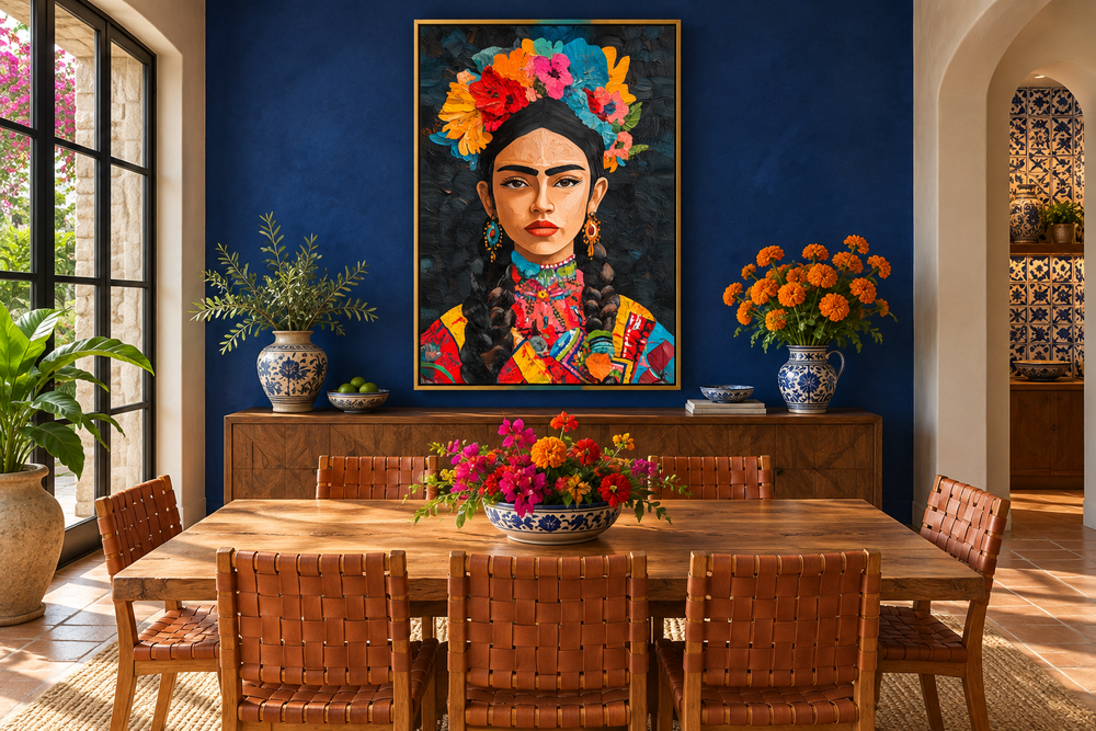 Mexican woman portrait folk style painting canvas wall art in a vibrant blue dining room.