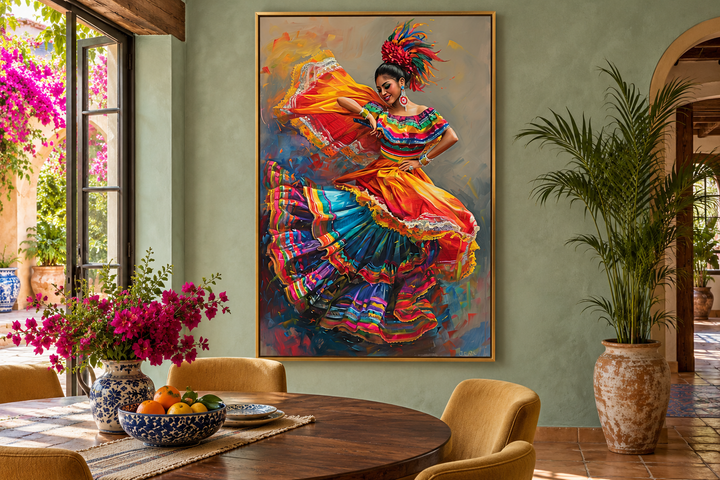 Mexican Woman Dancing Traditional Dance framed canvas wall art in a bright dining room.