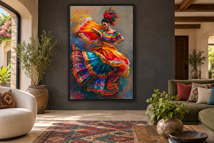 Mexican Woman Dancing Traditional Dance framed canvas wall art in a modern living room setting.