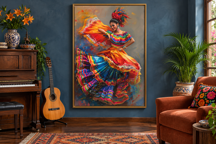 Framed canvas wall art of a Mexican woman in a colorful dress dancing in a blue music room.
