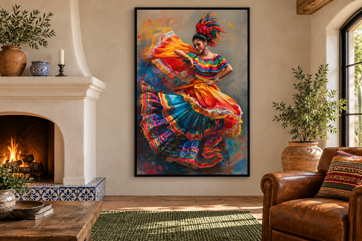 Mexican woman dancing traditional dance in a vibrant dress on a framed canvas wall art.