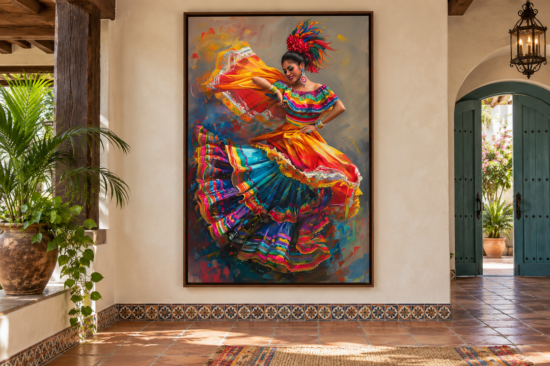 Framed canvas wall art of a Mexican woman in a vibrant, colorful dress performing a traditional dance