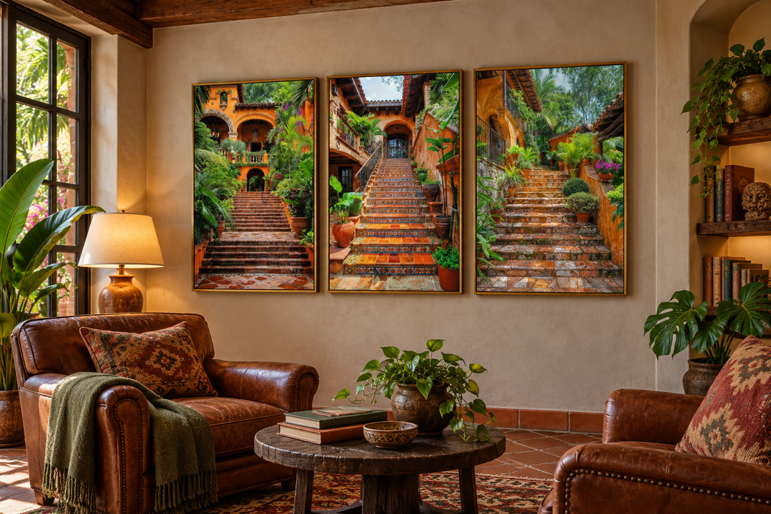 Triptych of framed canvas wall art featuring colonial Mexican hacienda stairs and lush greenery.