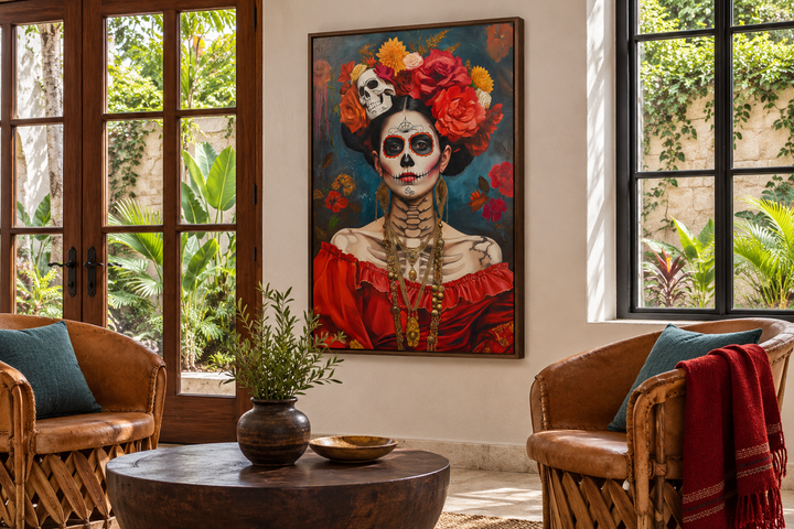 Mexican framed canvas wall art featuring a Day of the Dead woman painting in a sunroom.