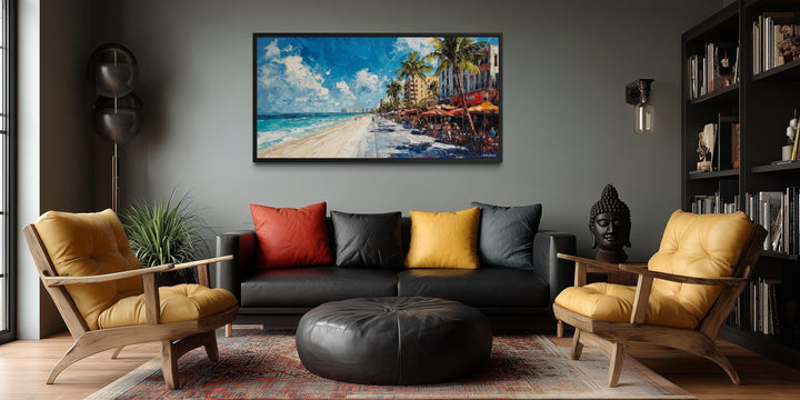 Miami Beach wall art featuring a colorful oceanfront cityscape canvas print in a modern living room.
